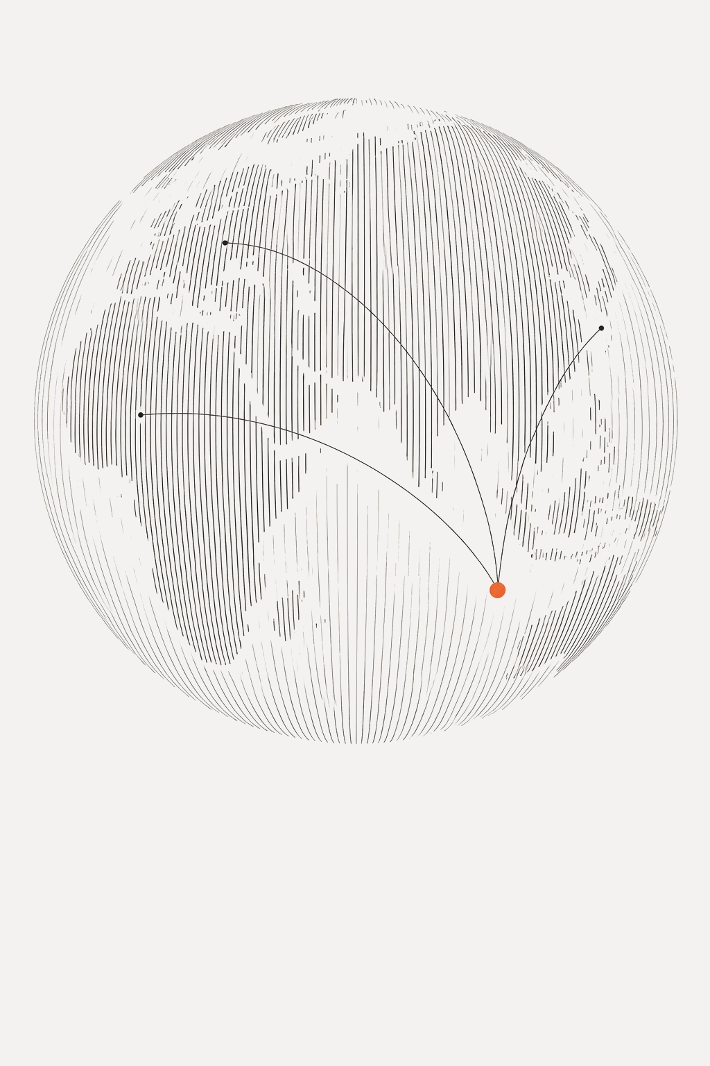 An engraved-style globe with one flame-orange dot, thin arcs reaching from it across the world