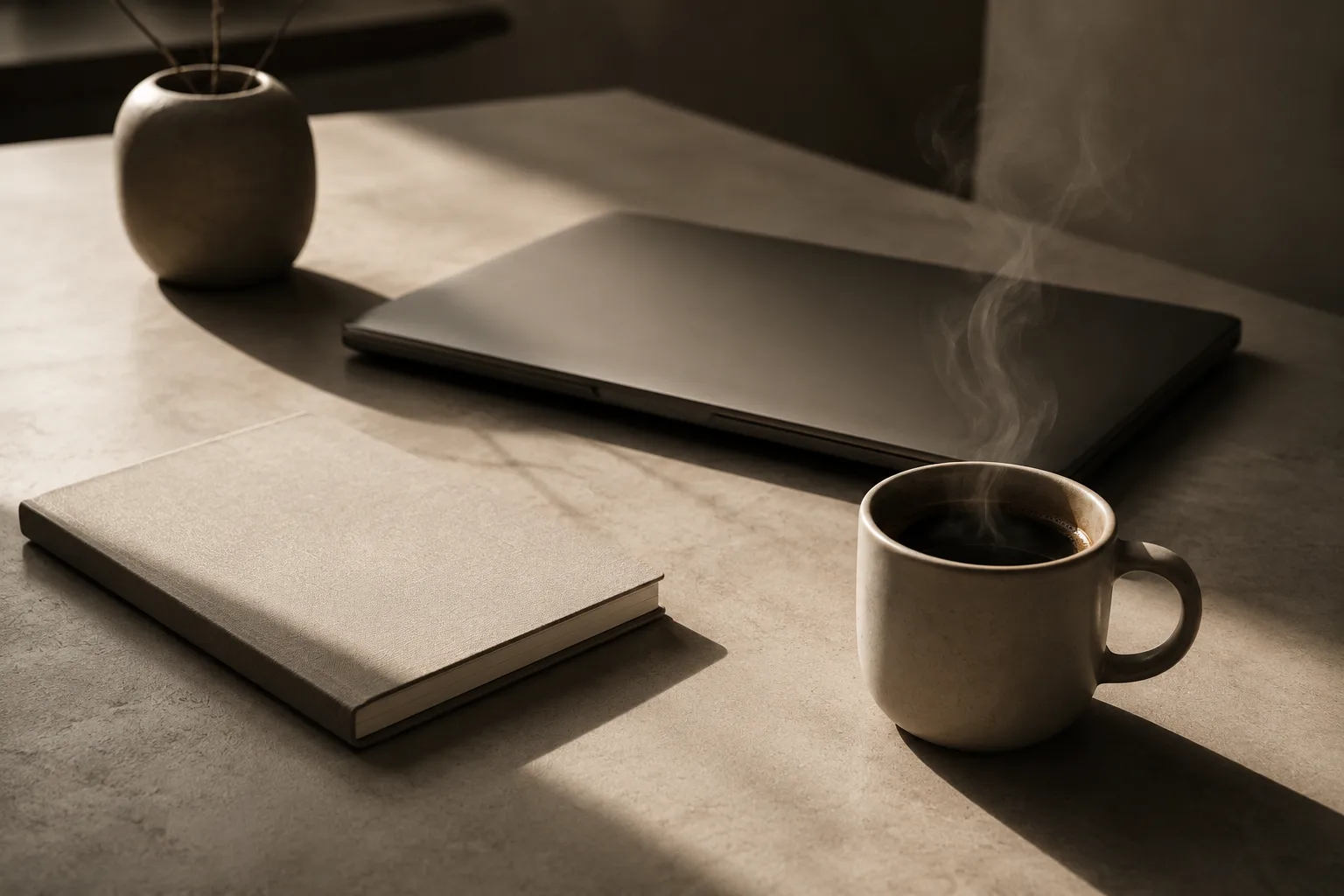 A quiet workspace — closed laptop, notebook, and a steaming coffee in warm morning light
